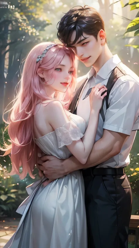 ((Couple standing in the forest)), Collection of Romantic Fantasy Short Stories, Loves情小说的封面,Temperamental girl and cheerful prince, (Best quality,8K,一個A high resolution,Masterpiece:1.2),Ultra-detailed,(Realistic,Photorealistic,Photorealistic:1.37), couple...