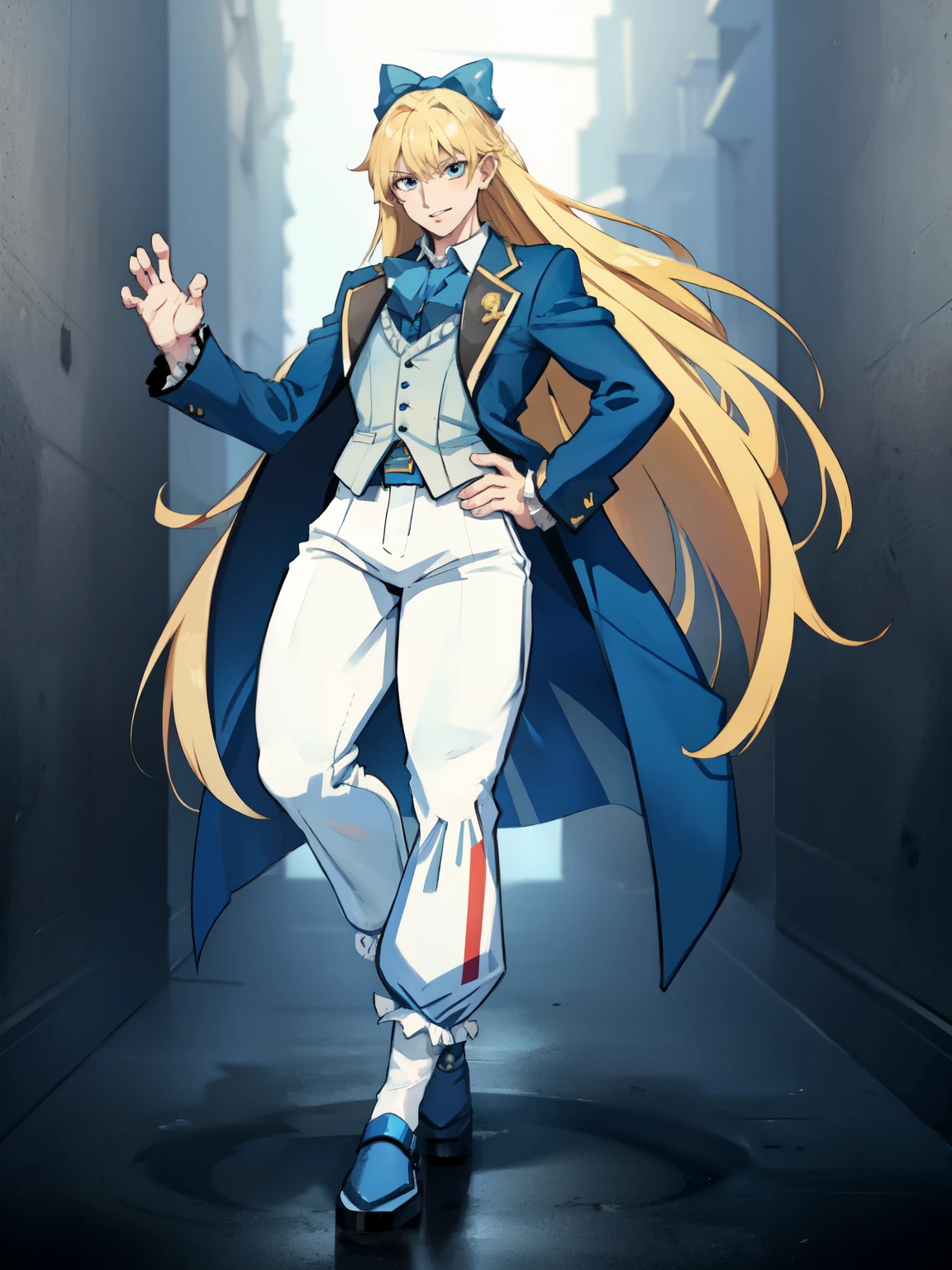 (hyper extreme detailed),(masterpeace),(hyper extreme), anatomically accurate,CG,llustration,novel illustration,  Princess_Cologne as A Bishounen, ((Male body:1.3)), Bishounen, Handsome, Formal blue suit, ((White pants:1.7)), blue bows, Frills, SFW:1.2, Bottom heavy:1.8, ((Thick thighs)), ((Wide Hips)),Long blonde hair