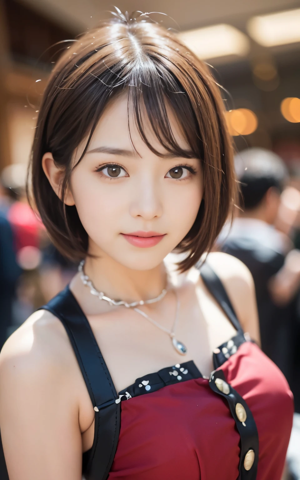 Cute 21 years old Japan、Christmas、party、Xmas 、dinner、A smile、Super Detail Face、Eye of Detail、double eyelid、beautiful thin nose、sharp focus:1.2、prety woman:1.4、(light brown hair,short cut hair, top-quality、Luminescence、​masterpiece、超A high resolution、(Photorealsitic:1.4)、Red Santa Claus clothes、Santa Claus Cosplay、