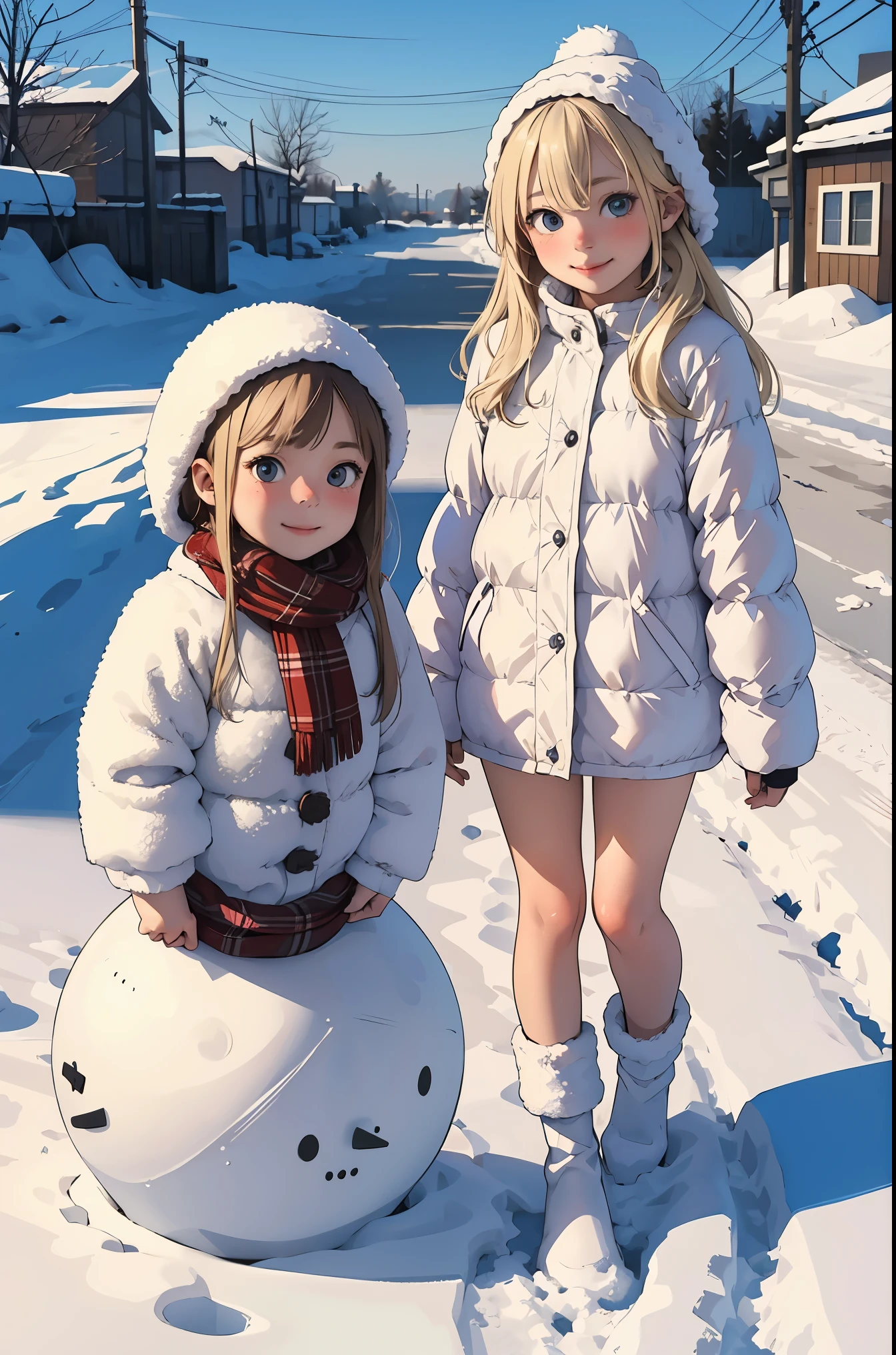 Perfect picture,,(Two Girls){naked girls}{Russians,A city covered with snow}(make a snowman){Beautiful }{hedonism},{Powder snow,kou},8 years old girl,4K picture quality, Cinematic,,{Gamine},{small body and chest,} Longhaire,a blond,cute expression,face perfect,｛girl showing a smile｝(Full body photo)