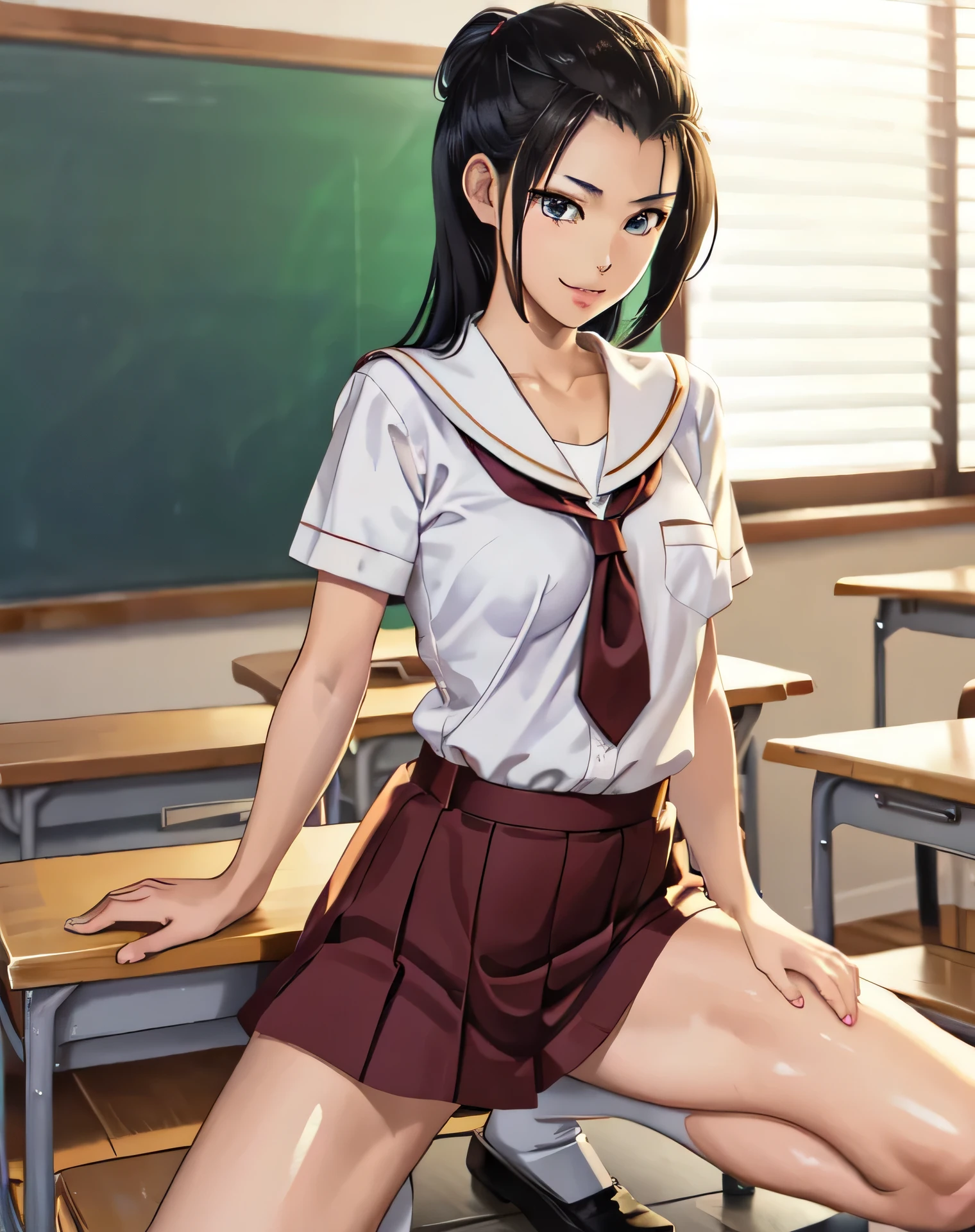 (detailed、masutepiece, top-quality:1.3), (Ultra detailed 8K cg:1.2), (realisitic:1.35), (Realistic:1.4), Cowboy Shot, 1 beautiful Japanese girl, 2, beautiful supermodel, Japanese Idol, (kneeling on the desk:1.1), (School uniform:1.4), (Spread legs:1.2)、(School classroom background:1.1), breasts, cleavage、Beautiful woman full of charm、blue-sky ((sfw)), (very detailed eyes), small breast, from behind, (((anime))), ((detailed eyes)), (not looking at the camera), small breast