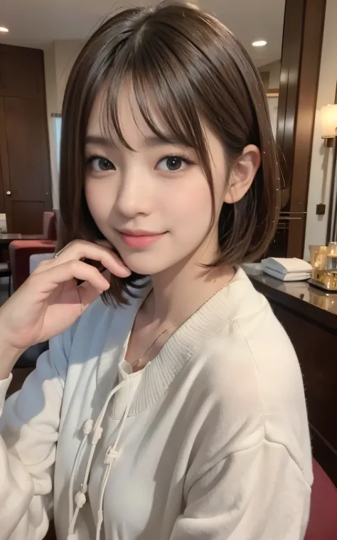 Cute 21 years old Japan、Christmas、Luxury HotelsＢＡＲ、A smile、Super Detail Face、Eye of Detail、二重まぶた、beautiful thin nose、foco nítido:1.2、prety woman:1.4、(light brown hair,short cut hair, top-quality、发光、​masterpiece、超A high resolution、(Photorealsitic:1.4)、dores...