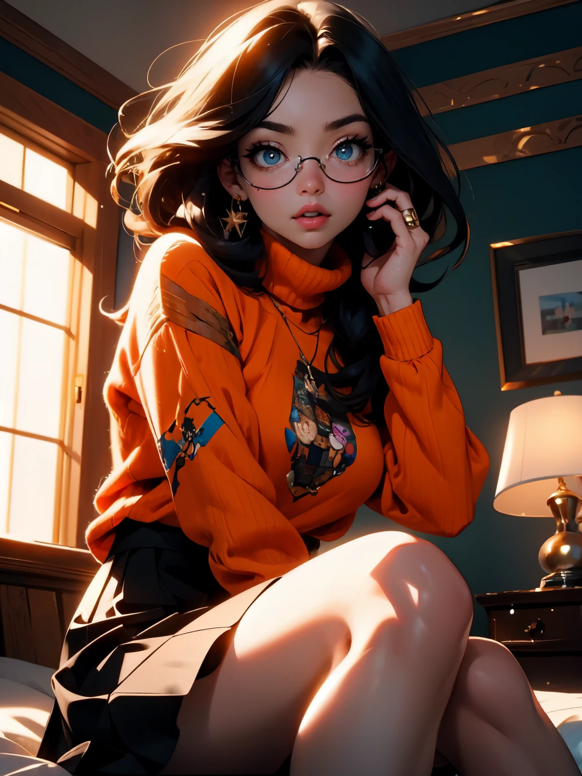 HD, 8k quality, masterpiece, Velma, dream girl huge , beautiful face, kissing lips, bob hairstyle, long bangs, perfect makeup, realistic face, detailed eyes, blue eyes, brunette hair, eyelashes, slightly open mouth, bedroom, sitting on bed, showing cameltoe, eyes at viewer, orange knitted turtle neck sweater, clear lens glasses, red school girl skirt,