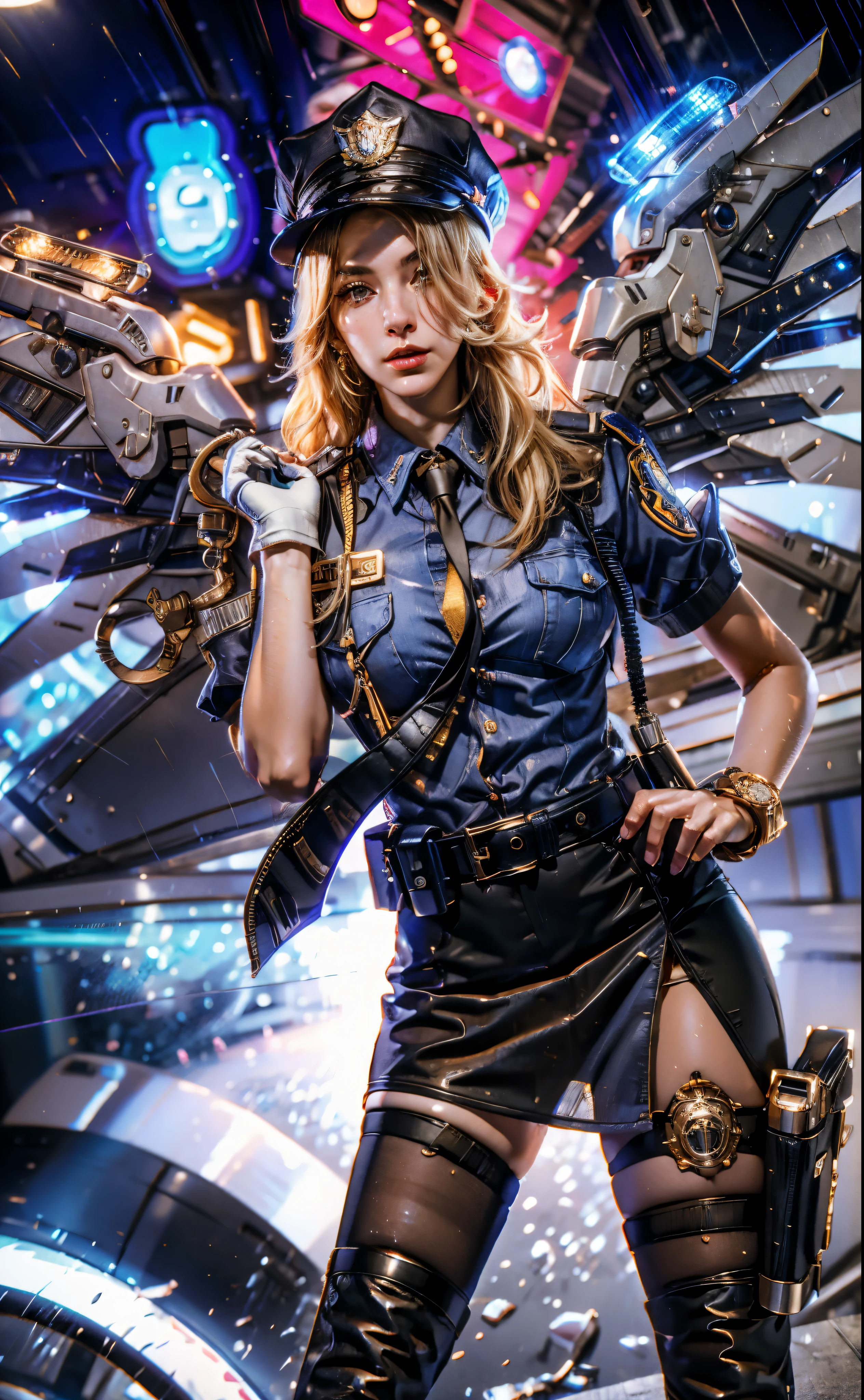 image of mercy from overwatch,blonde hair,mechanical wings,(realistic,photorealistic:1.37), police outfit,detailed face,beautiful detailed eyes,beautiful detailed lips,detailed mechanical wings,shiny metallic textures,soft lighting,vivid colors,peaceful expression,action pose,high quality details,professional rendering,bokeh,vivid colors,sharp focus,physically-based rendering,five fingers hand,good anatomy hand,portrait,futuristic lighting,ultra-detailed,professional,sharp focus,vivid colors,physically-based rendering,studio lighting,bokeh