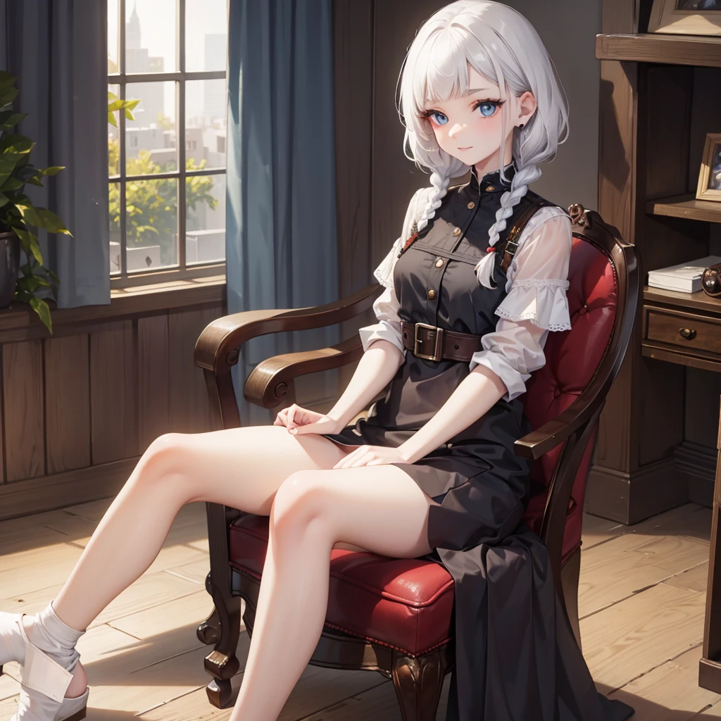 military wear, braid, ((short bangs:1.4)), (white hair), (best quality:1.3), (highres1.3), (clear1.3), (8k:1.3), masterpiece, (detailed:1.1), 1girl, beautiful detailed eyes, beautiful detailed lips, extremely detailed eyes and face, long eyelashes,, blue eyes, shy smile, perfect proportion, face close up, mature,slender body, small chest