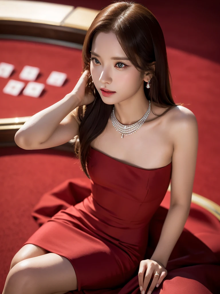 extremely detailed eyes, extremely detailed face, small breast, best quality, extremely detailed, one person, one girl, ultra-detailed, (realistic, photo-realistic:1.3), in casino, red dress, elegant earring, elegant ring, elegant necklace, playing cards, sitting crossing legs