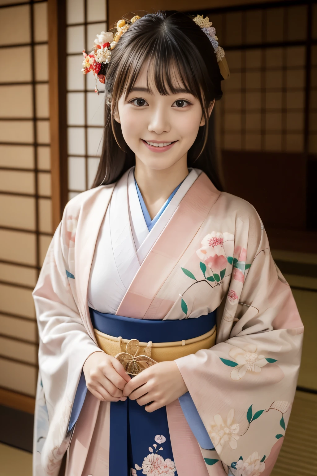 1 linda modelo japonesa, Modelo feminina de 18 anos,  4K、Uma qualidade de imagem ultra-alta、franja、Um moreno、Kyo-Yuzen、(quimono, Furisódio、Padrão floral em estilo japonês:1.5)、(Rosto super fofo no estilo ídolo:1.4)、figura esbelta e bonita、lindo peito、Um sorriso、corpo inteiro lésbica:1.2、1 lua、