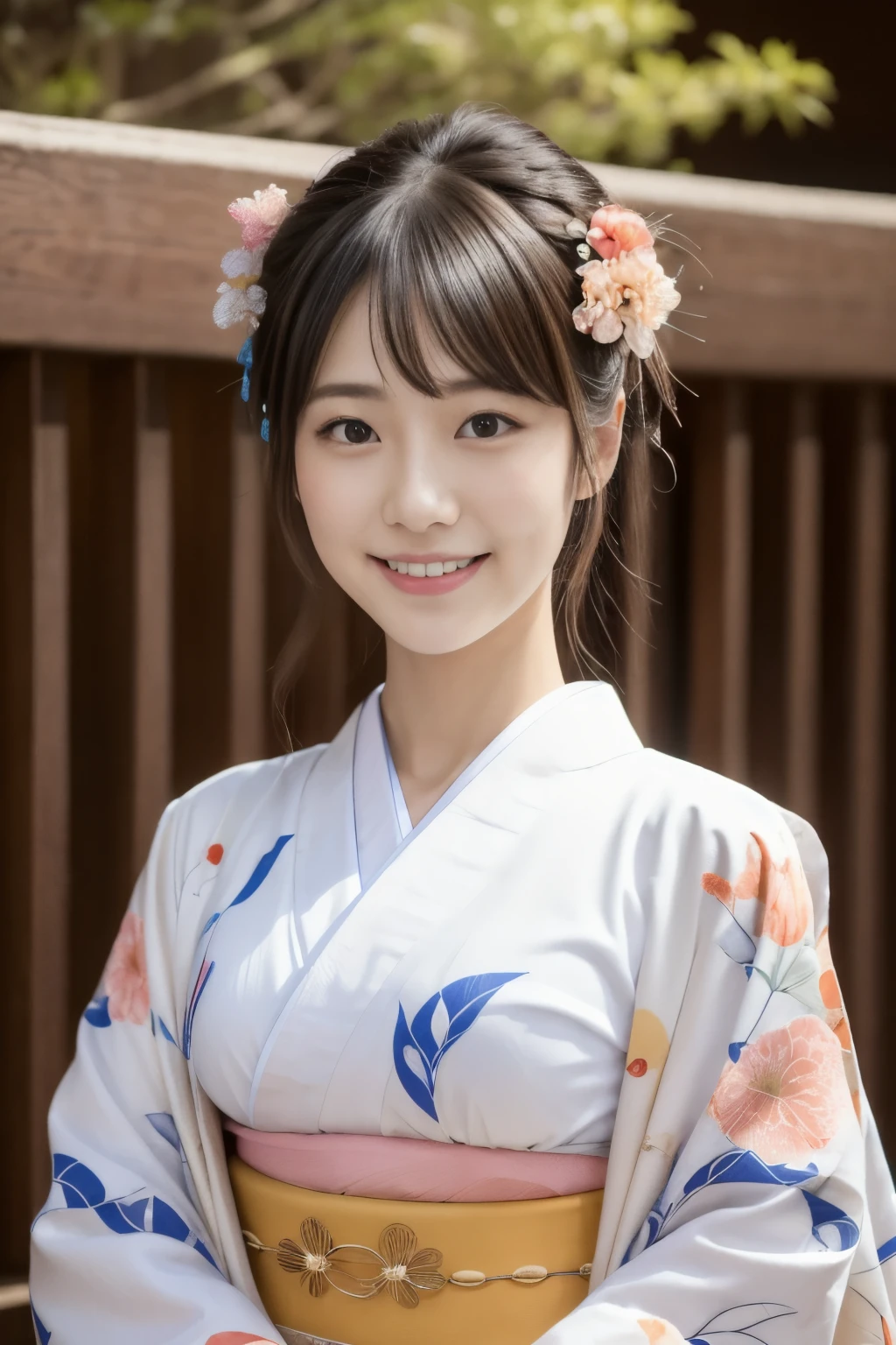 1 beautiful Japan model, 18-year-old female model,  4K、An ultra-high picture quality、bangss、A dark-haired、Kyo-Yuzen、(Kimono, Furisode、Floral pattern in Japanese style:1.5)、(Super cute face in idol style:1.4)、slim and beautiful figure、beutiful breast、A smile、full bodyesbian:1.2、1 moon、