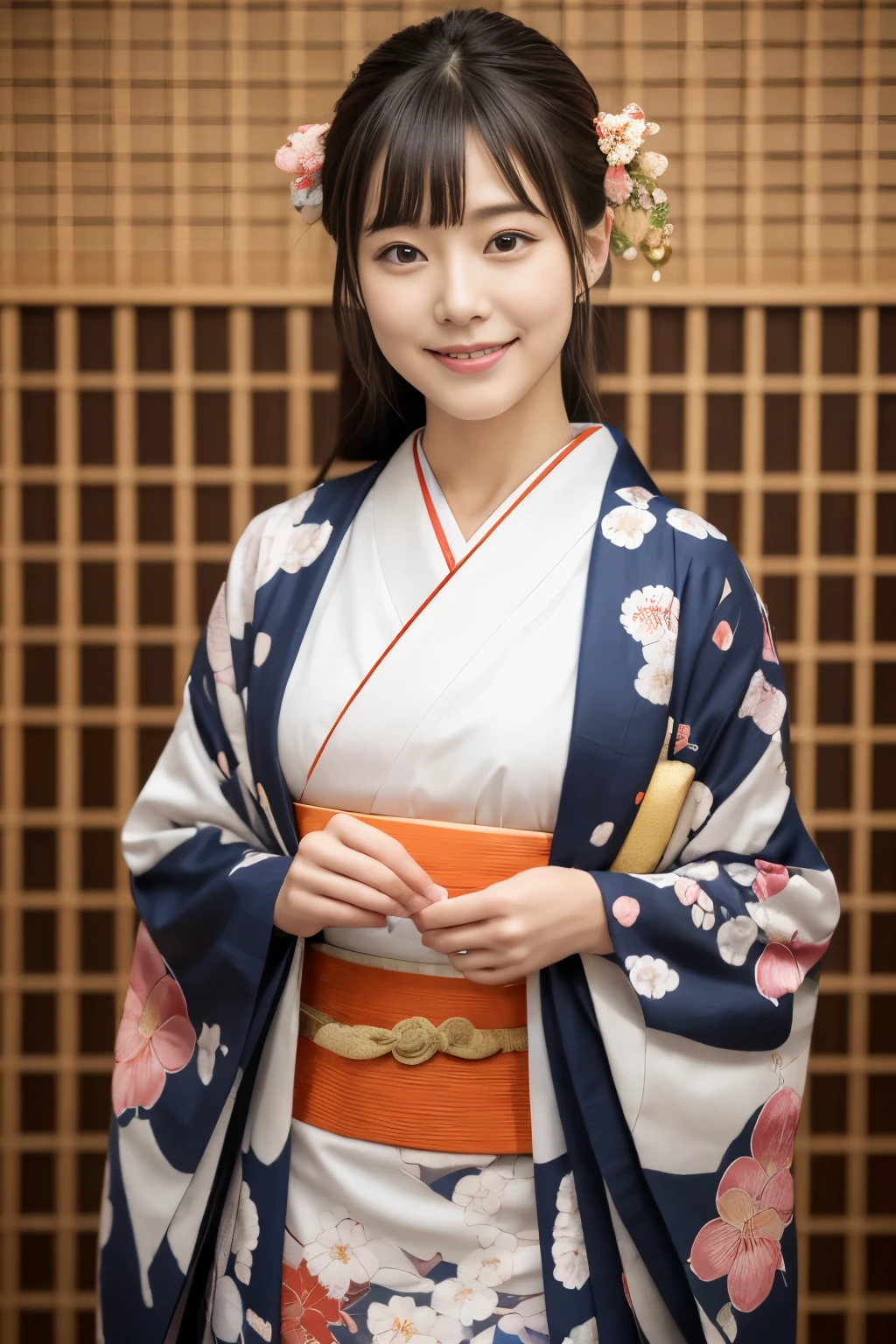 1 beautiful Japan model, 18-year-old female model,  4K、An ultra-high picture quality、bangss、A dark-haired、Kyo-Yuzen、(Kimono, Furisode、Floral pattern in Japanese style:1.5)、(Super cute face in idol style:1.4)、slim and beautiful figure、beutiful breast、A smile、full bodyesbian:1.2、1 moon、