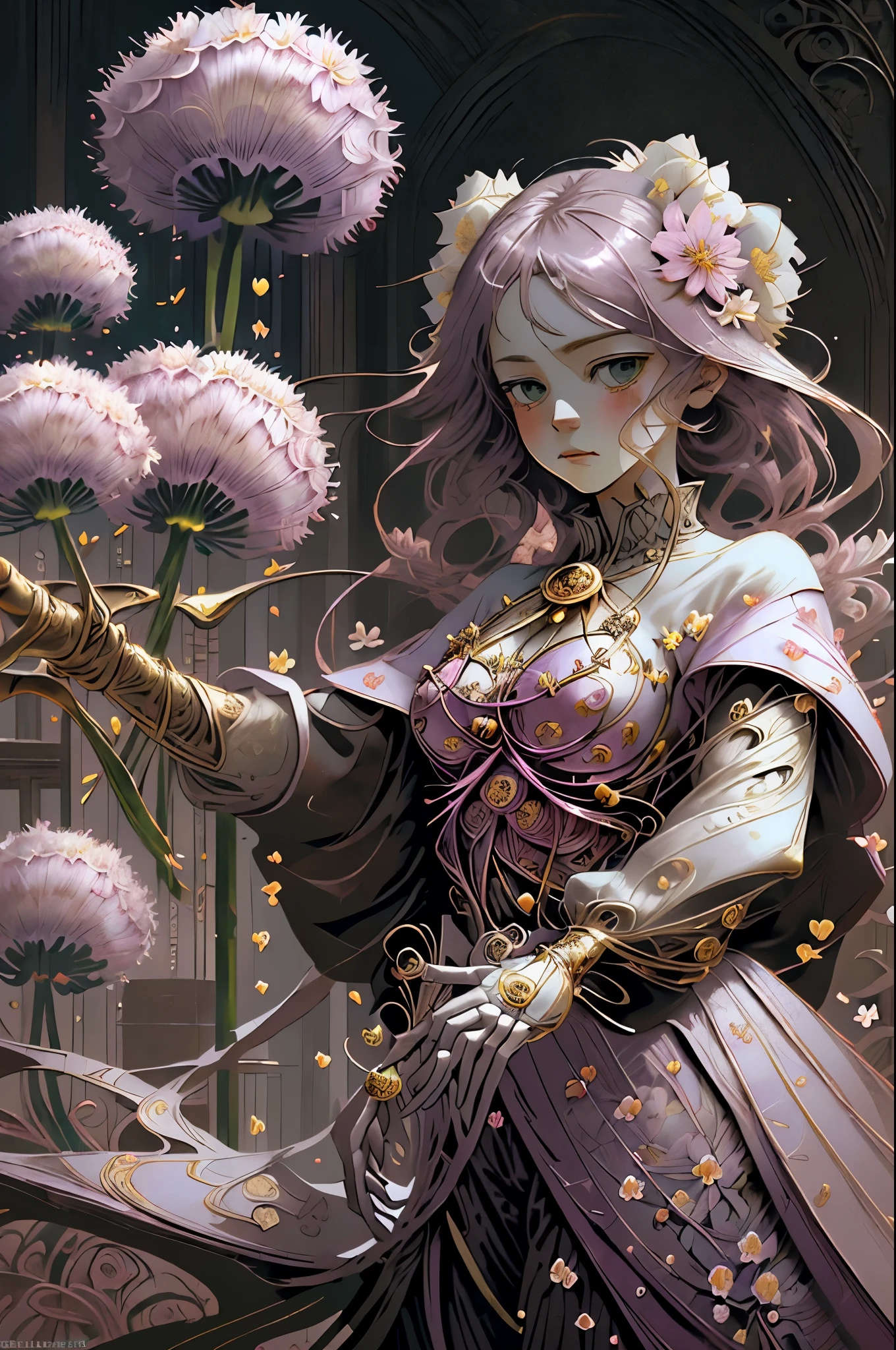 menina paisagem mística e anime menina flores allium cor rosa branco esmeralda dourado surrealismo estilo Dali épico desenho dramático de detalhes