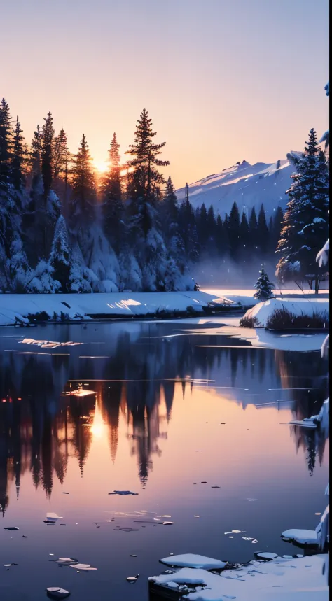 Winter landscape, frozen lake, morning sunrise