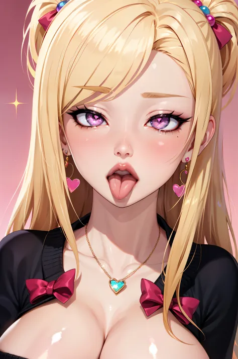 1girl, blonde hair, long hair, big lips, pink eyes, heart shaped pupils, close up, cleavage, bow tie, cardigan, dainty necklace, earrings, huge breasts, ahegao, tongue out, eyes rolled back, blush, nose blush, gradient background, sparkles, anime, seductiv...