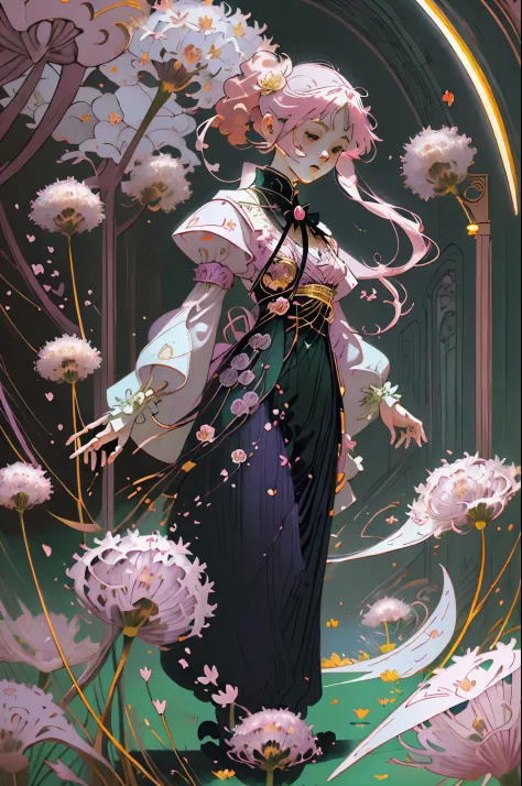 girl mystical landscape and anime girl flowers allium color pink white emerald golden surrealism Dali style epic dramatic drawin...