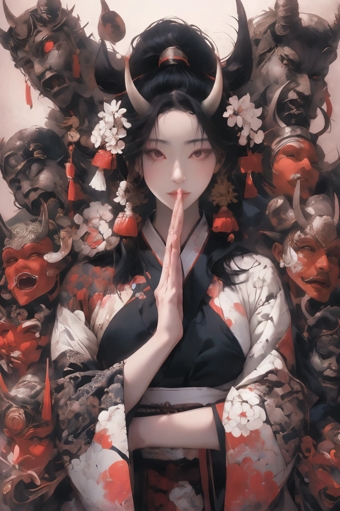 (tmasterpiece:1.2), Best quality at best,pixiv,
brunette color hair, Japanese clothes, 碎florals, 1个Giant Breast Girl, hair adornments, horn, sitted, looking at viewert, florals, komono, eBlue eyes, hair florals, 耳Nipple Ring, long whitr hair, haori, jewely, Put your hands together, nipple tassels, Wide sleeves, red eyes, Keep your mouth shut, longer sleeves, print komono, black komono, And also, By bangs, ssmile