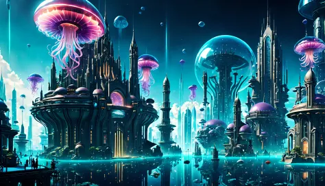 futuristic city with a city of glass domes floating in an aquarium, with jellyfish floating over water,in the style of dark matt...