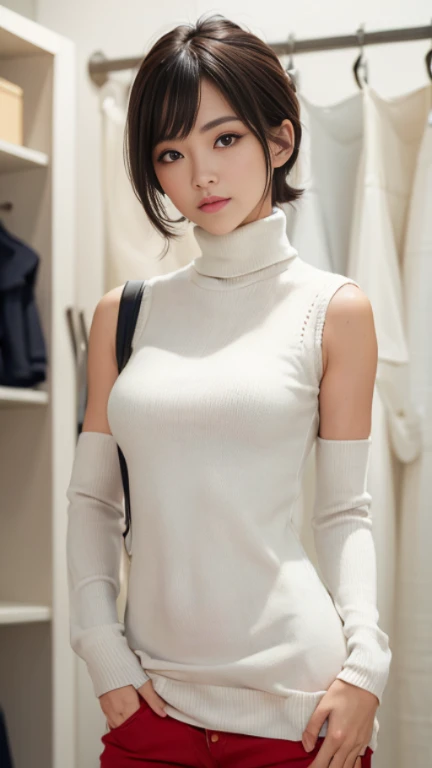 (8k, 超Una alta resolución, mejor calidad, Mesa:1.2)、Retrato en RAW de una chica japonesa de 25 años.、超Una alta resolución、de primera calidad、 (pechos enormes,:1.4)、｛ocultar todos los senos｝｛(Falda larga pitillo de color blanco roto):1.6｝、(Usa un suéter rojo de cuello alto sin mangas:1.5)、(Mantén tu entrepierna abierta:1.5)、(probador:1.2) BREAK (textura natural de la piel、piel detallada、Hiperrealismo、ultra nitidez)、detalles intrincados、profundidad de campos、mujer sexy、pelo negro pelo corto、Glúteos tonificados、((obra maestra、de primera calidad、alto detalle))、(Fotorrealista:1.4)、solo、Mantener la boca cerrada、Sonríe felizmente、largeeyes、Párpados dobles distintos、Pestañas、cuello largo、área absoluta、Clavícula limpia、cara perfecta、Labios delgados、una cara pequeña、(Mirada hacia el espectador、Destacados en los ojos.、Ojos marrón claro、Brillo en los labios)、