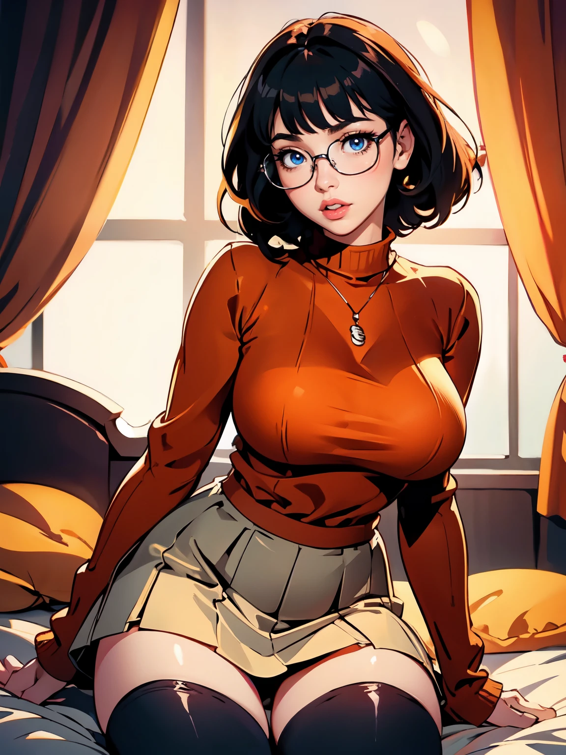 HD, 8k quality, masterpiece, Velma, dream girl huge tits, beautiful face, kissing lips, short bob hairstyle, long bangs, perfect makeup, realistic face, detailed eyes, blue eyes, brunette hair, eyelashes, slightly open mouth, bedroom, lying on bed, hip body, showing cameltoe, eyes at viewer, orange knitted turtle neck sweater, clear lens glasses, red school girl skirt,