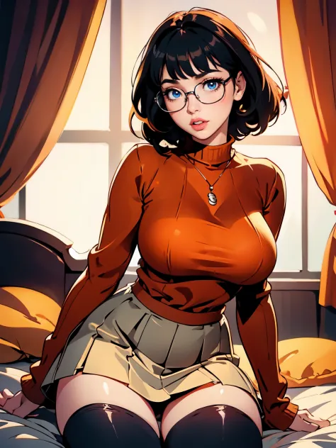 HD, 8k quality, masterpiece, Velma, dream girl huge tits, beautiful face, kissing lips, short bob hairstyle, long bangs, perfect...