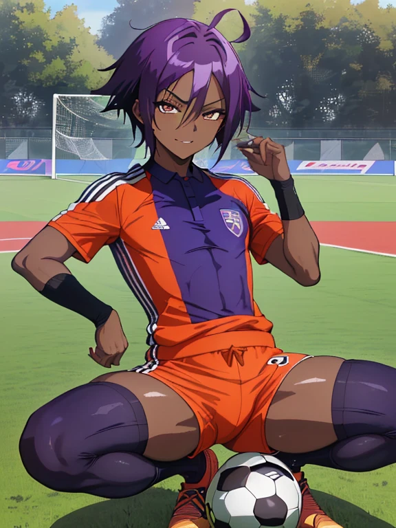 (((Official art,superfine illustration,hight resolution, masutepiece, best qualtiy,Best Quality,)))hightquality, detaileds, (A little boy),12 years old, A young ace striker male idol with a super cute face,A boy as beautiful as Planding, Cool handsome face with smile, soccer spike, Long legs, thighs thighs thighs thighs, Foots, Bulge, (Purple hair、Spiky hairstyle)、Shiny hair, (tight shiny orange soccer uniform suit), (tight and shiny soccer shorts), (Soccer Socks), tussock, Cool pose, (厚いthighs thighs thighs thighs、Seduce your big ass to your crotch)、(((soccer field in the park)))、((cocky、))、Smirk、Spread legs,Ultra-fine painting, (Best Quality, 4K, 8K, hight resolution, masutepiece:1.2),(((Being aware of the sexual gaze of middle-aged gay men)))、Service Shots、(((Dark skin)))、((detailedsな目:1.2))、kawaii eyes、