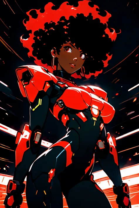 create 4 manga comics with different parts of an anxious female character with afro hair, wearing red suits with pieces of cyber...