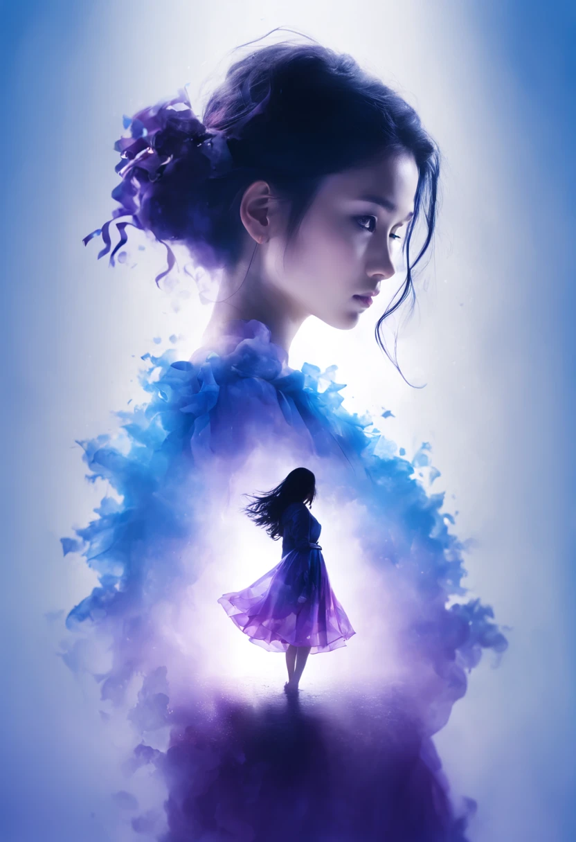 niji style, (looking at viewer:1.4), black eyes, black hair, (full body:1.2), 
Double Exposure Style, Volumetric Lighting, leaning forward,light depth, dramatic atmospheric lighting, Volumetric Lighting, double image ghost effect, image combination, double exposure style
(realistic, photorealistic),
(blue and purple:1.2)gradient, vivid color
siweishendu, silhouette, 1girl, dusk, nature, cloudy sky,siweishendu
A dress made up of colorful water, with water dotted around the girl's side. The water around the girl in ribbons,