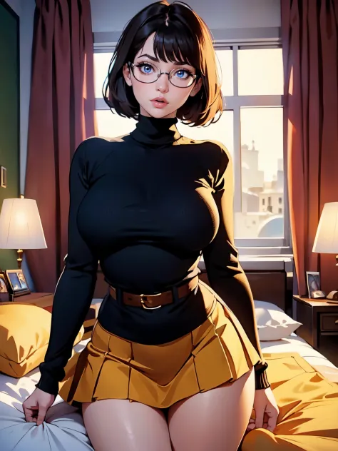 HD, 8k quality, masterpiece, Velma, dream girl huge tits, beautiful face, kissing lips, short bob hairstyle, long bangs, perfect...