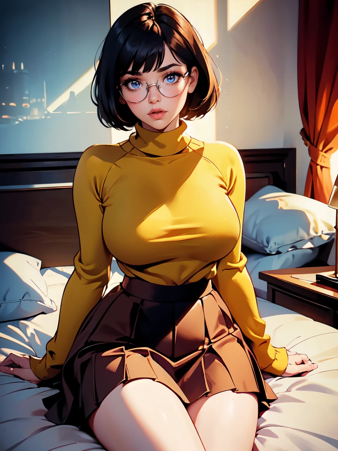 HD, 8k quality, masterpiece, Velma, dream girl, large breasts, beautiful face, kissing lips, short bob hairstyle, long bangs, perfect makeup, realistic face, detailed eyes, blue eyes, brunette hair, eyelashes, slightly open mouth, bedroom, lying on bed, thicc body, showing cameltoe, eyes at viewer, mustard-yellow top, knitted turtle neck sweater, clear lens glasses, red skirt,  skirt,