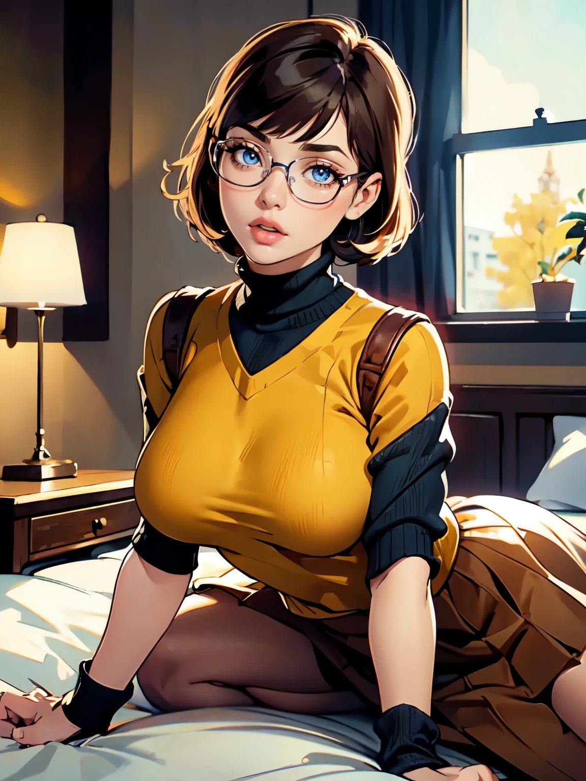 HD, 8k quality, masterpiece, Velma, dream girl, large breasts, beautiful face, kissing lips, short bob hairstyle, long bangs, perfect makeup, realistic face, detailed eyes, blue eyes, brunette hair, eyelashes, slightly open mouth, bedroom, lying down on bed, thicc body, showing cameltoe, eyes at viewer, mustard-yellow top, knitted turtle neck sweater, clear lens glasses, red skirt, schoolgirl skirt,