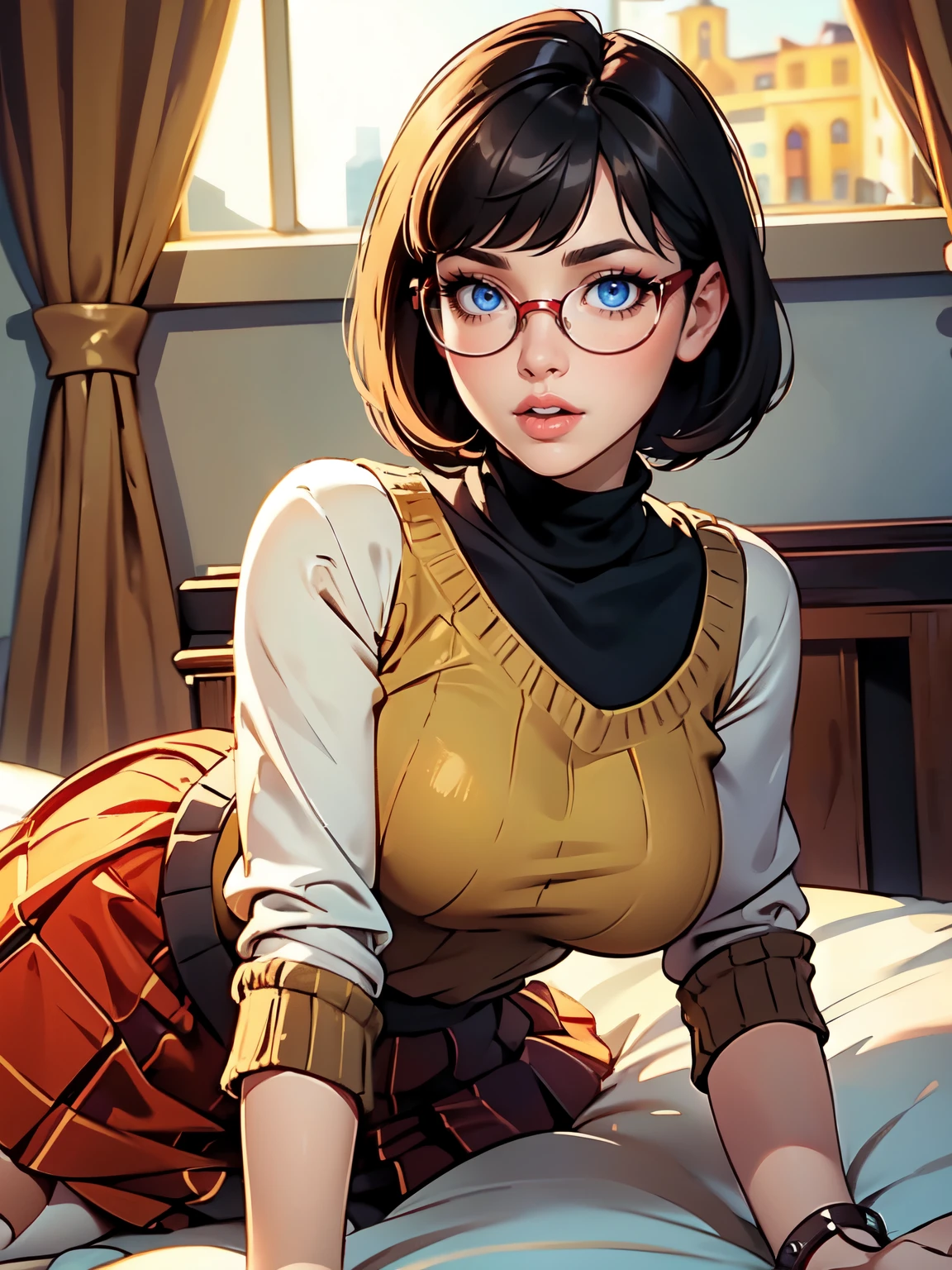 HD, 8k quality, masterpiece, Velma, dream girl, large breasts, beautiful face, kissing lips, short bob hairstyle, long bangs, perfect makeup, realistic face, detailed eyes, blue eyes, brunette hair, eyelashes, slightly open mouth, bedroom, lying down on bed, thicc body, leaning forward, eyes at viewer, mustard-yellow top, knitted turtle neck sweater, clear lens glasses, red skirt, schoolgirl skirt,