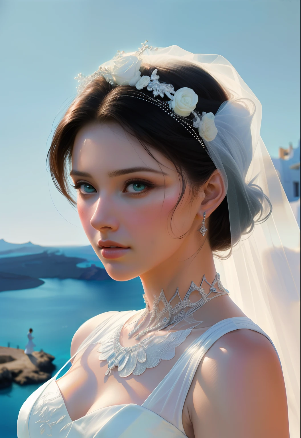 1 beautiful girl, wedding, (photorealism: 1.3) standing shot, Santorini, standing in front of (blue sea), white wedding dress, wedding decoration, masterpiece, diffused soft light, portrait, best Quality, (Perfect Face: 1.4), Hyper-realistic high details, complex realistic simulation style photos, movie lighting, studio shots, elegant poses, (medium close-up)