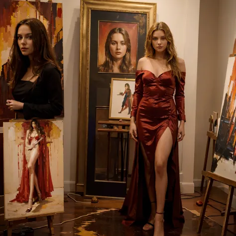 female supermodel in a red evening dress stands beside an oil painting in an art studio