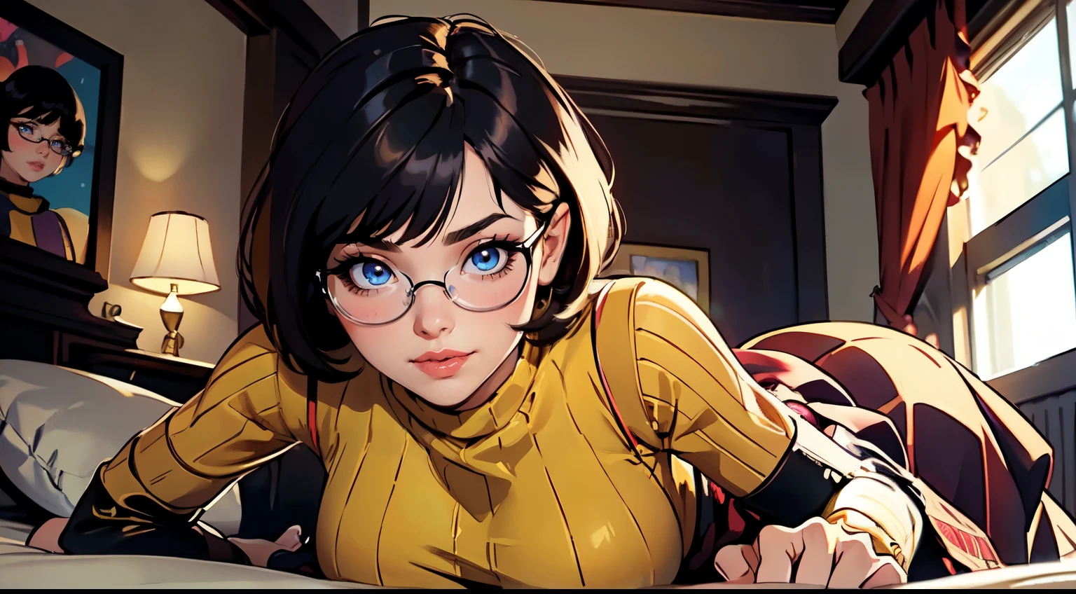 HD, 8k quality, masterpiece, Velma, dream girl, large breasts, beautiful face, blushing, kissing lips, short bob hairstyle, long bangs, perfect makeup, realistic face, detailed eyes, blue eyes, brunette hair, long eyelashes, smiling, spooky bedroom, lying down on bed, thicc body, leaning forward, eyes at viewer, mustard-yellow top, knitted turtle neck sweater, clear lens glasses, cherry-red skirt,  skirt,