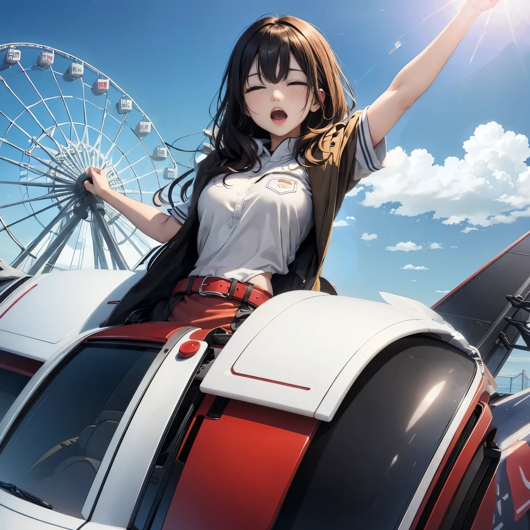 Raised arm、mano、White clothes sleeves、Colorful ferris wheel in the background