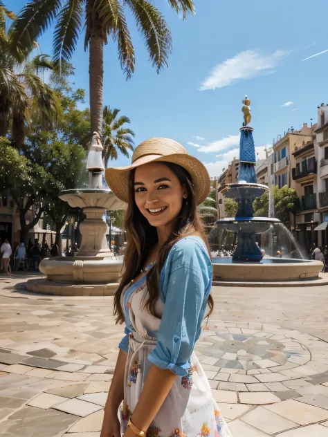 (best quality,highres,ultra-detailed:1.2), HDR, vivid colors, beautiful girl, Barcelona square, lively atmosphere, charming architecture, colorful flowers, happy people, stunning view, cozy cafe, outdoor dining, sunny weather, elegant dress, stylish hat, j...