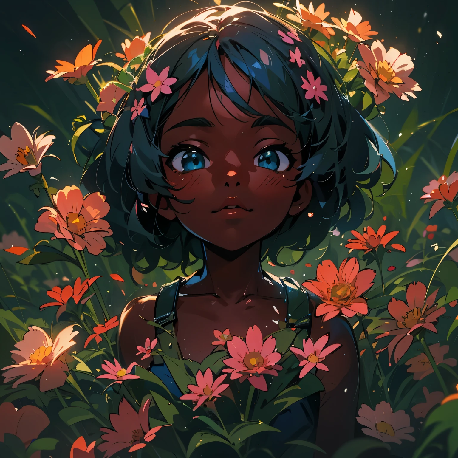 Little cute flower elemental, (dark skin), solo,  concept art, fantasy art, matte in the style of alena aenami,by yanjun cheng, sunny, hyperrealism, cinema 4d, beautiful, mysterious, ethereal, high resolution, kawaii style