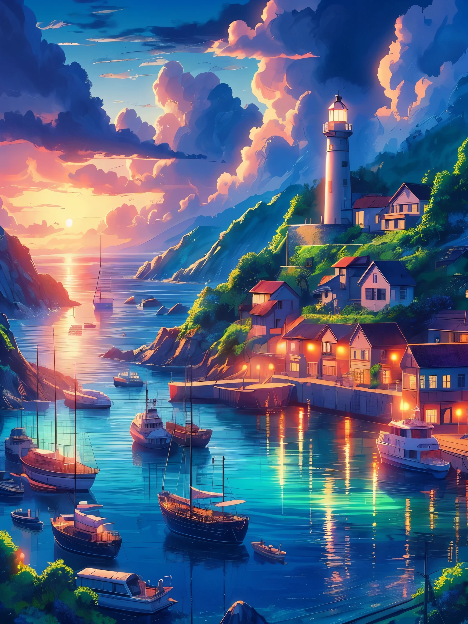 Draw anime lofi scene of sea harbour with ships and yatch and lighthouse, evening time, ambient dim, vibrant saturated colors, greenery, reflection, peaceful, natural color tones, cloudy sky, beautiful color palette, vibrant saturated colors, masterpiece, no human