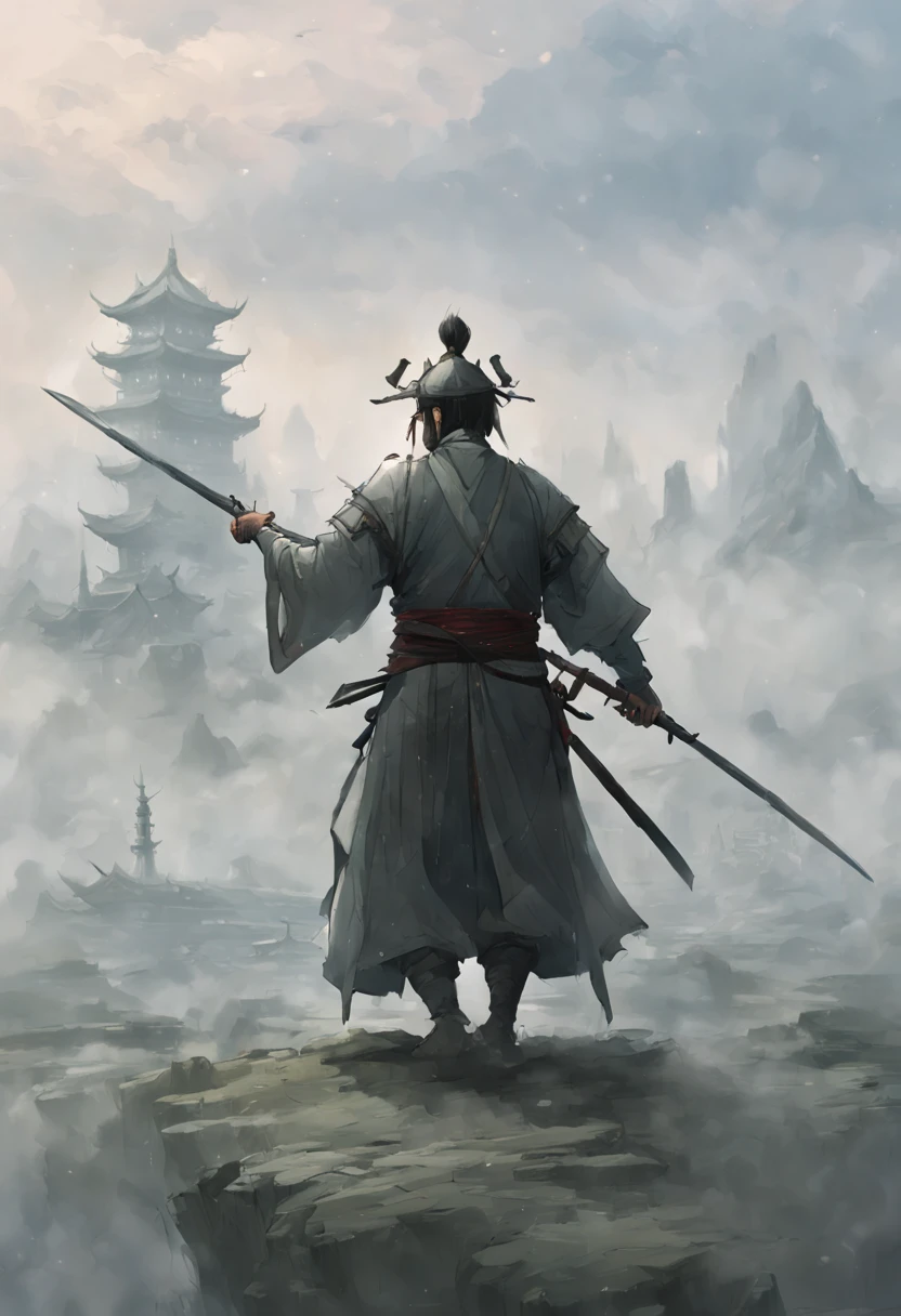 Zeichne einen Mann, der ein Schwert hält，In der nebelverhangenen Landschaft, inspiriert von Somi, Autor：Held, Autor：Shen Zhou, Konzeptkunstillustration, traditionelle japanische Konzeptkunst, inspiriert von Feng Zhu, Illustrationskonzeptkunst, inspiriert von Shen Zhou, inspiriert von Zhang Sengyao, Autor：Lee Jae, Autor：Sun Kehong, Eine wunderschöne künstlerische Illustration, dramatische Konzeptkunst