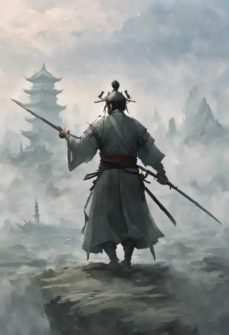 Draw a man holding a sword，In the mist-shrouded landscape, inspired by somi, author：Hero, author：Shen Zhou, concept art illustra...