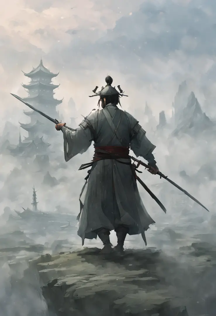 draw a man holding a sword，in the mist-shrouded landscape, inspired by somi, author：hero, author：shen zhou, concept art illustra...