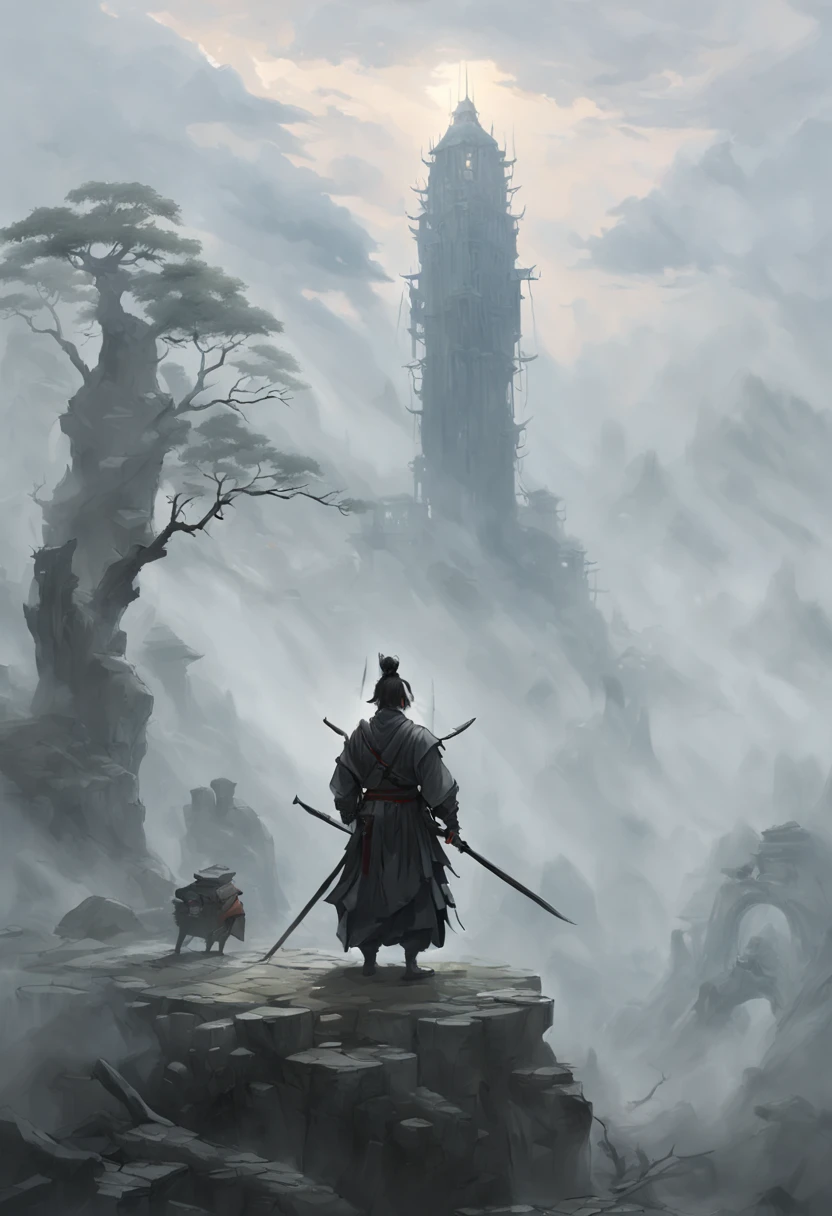 Draw a man holding a sword，In the mist-shrouded landscape, inspired by somi, author：Hero, author：Shen Zhou, concept art illustration, traditional japanese concept art, inspired by Feng Zhu, Illustration concept art, Inspired by Shen Zhou, Inspired by Zhang Sengyao, author：Lee Jae, author：Sun Kehong, A beautiful artistic illustration, dramatic concept art