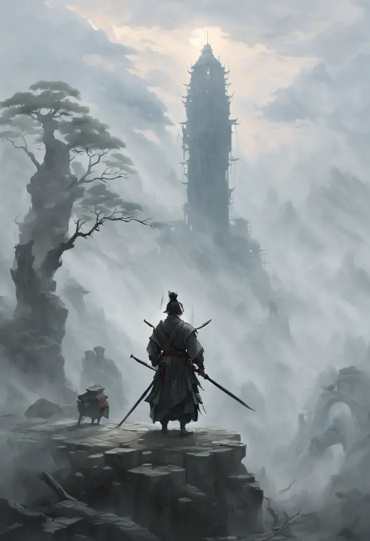 draw a man holding a sword，in the mist-shrouded landscape, inspired by somi, author：hero, author：shen zhou, concept art illustra...