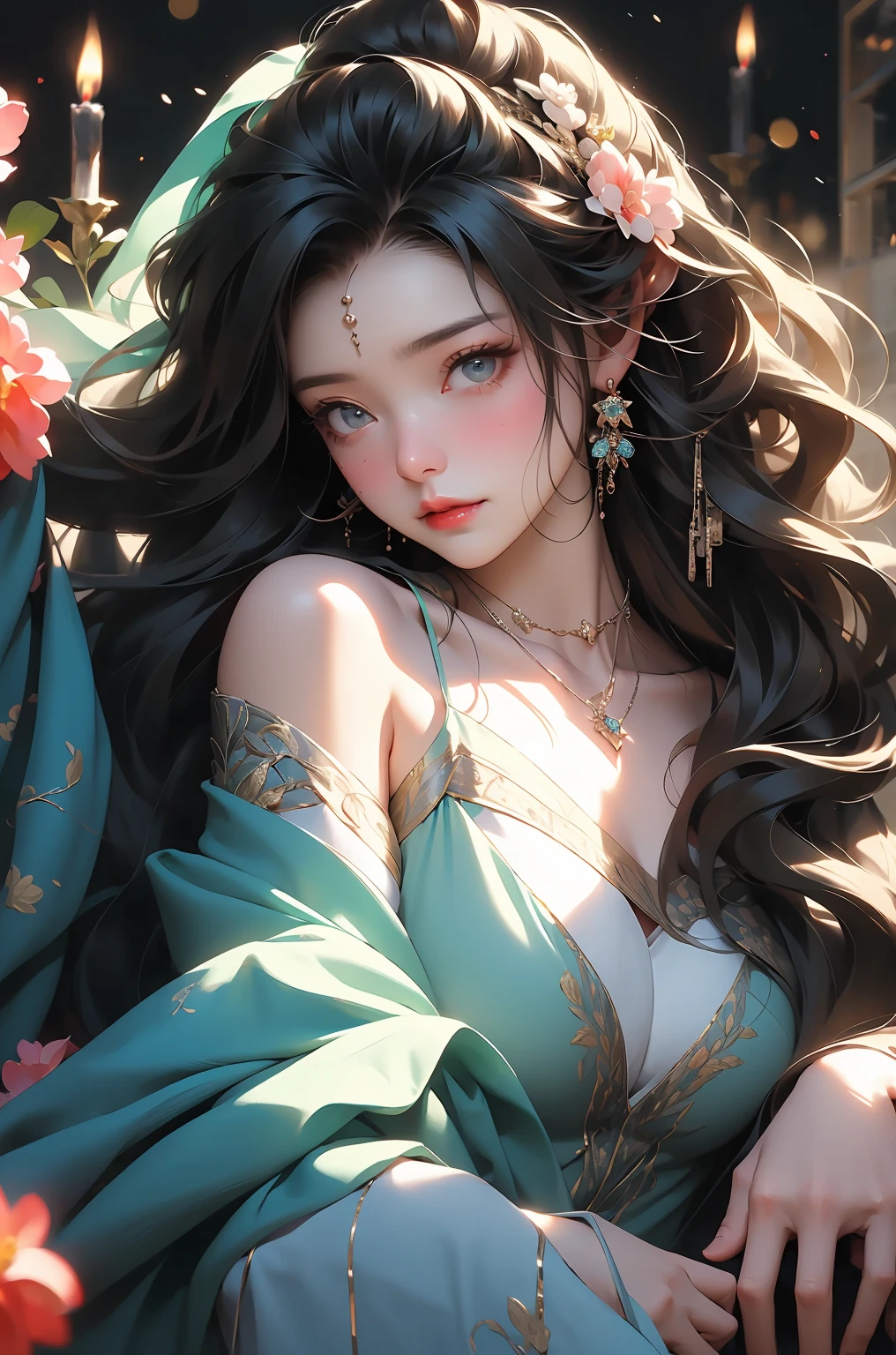 1 girl, jewelry, solo, earrings, long hair, forehead markings, black hair, necklace, bare shoulders, flowers, red lips, hair flowers, upper body, skirt, off shoulder, facial markings, head down, makeup, lips, candles, collarbones, long sleeves, tears streaming down, crying, Tyndall effect, 8k, large aperture, masterpiece of the century, sit, maple leaf, doorway, corridor, Sun on face,