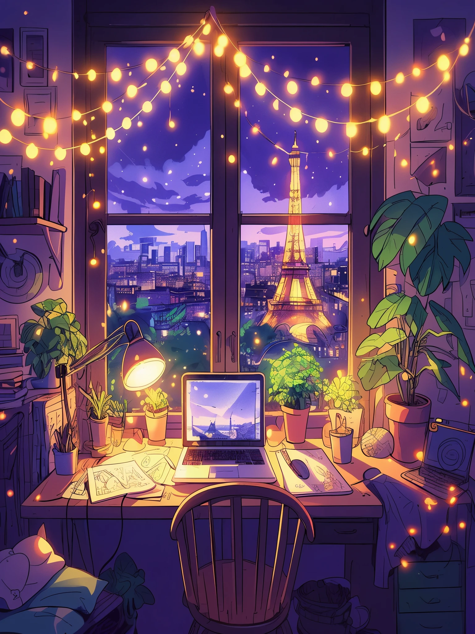 Draw anime lofi scene of fairylights tiny workdesk room, cozy, plants, books, laptop, household items, eiffel tower visible from window,  ambient light, purple greenish light, vibrant colors, peaceful, natural color tones, cloudy sky, beautiful color palette, vibrant saturated colors, masterpiece, no human