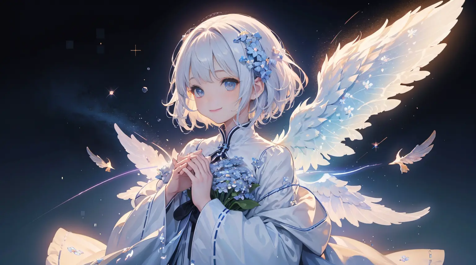 (1girl in:1.3)、(Fractal Art:1.3)、white  hair、short-hair、Spread your shining wings with both hands、embrace your heart、I&#39;ll gi...