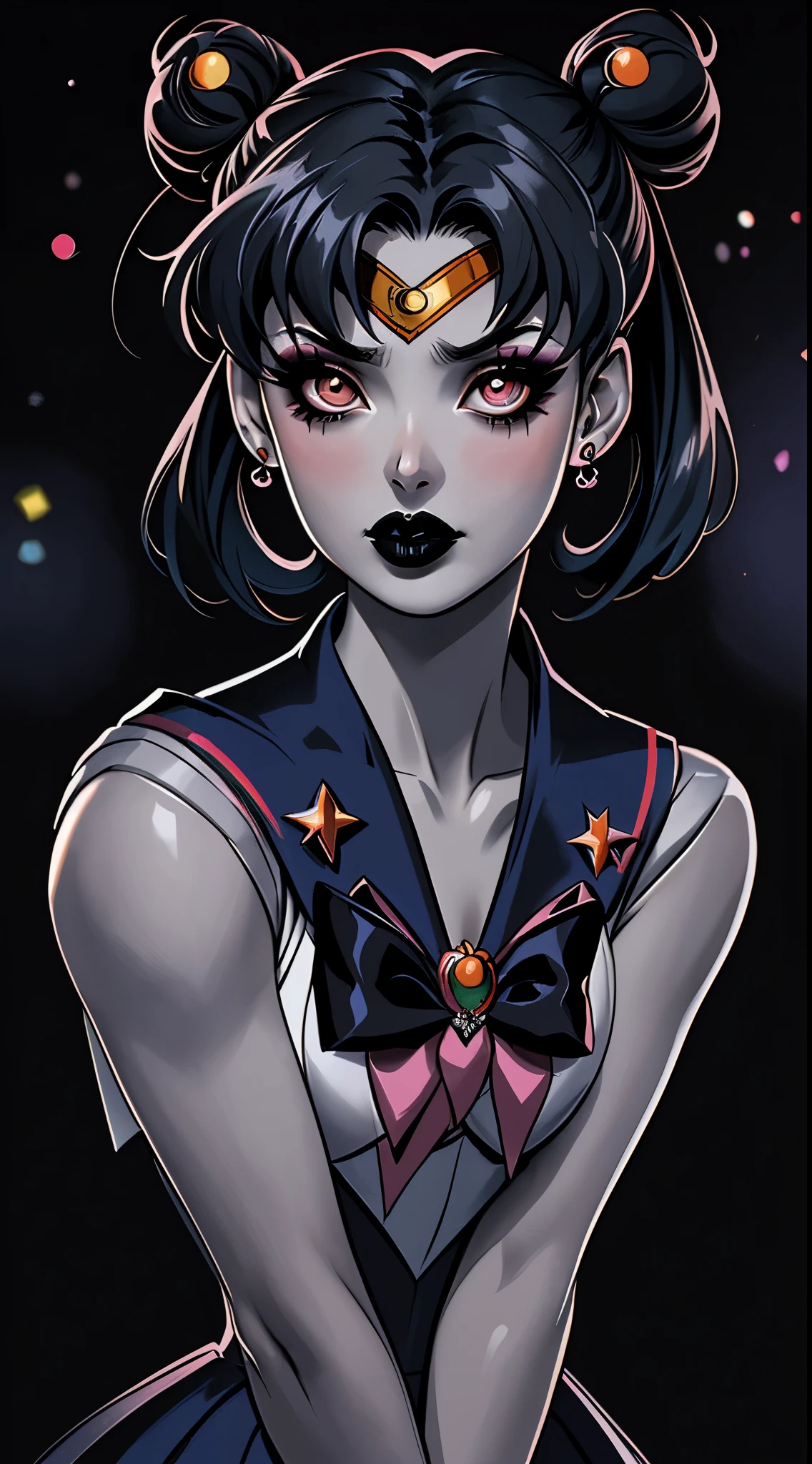 masterpiece, best quality, 1girl, gothic, black lips, solo, black hair, makeup, twin tails, hair buns, (sailor moon), detailed hands, detailed face, detailed body, multicolored hair, bangs, eyeshadow, hair bow, bow, lipstick, two-tone hair, black background, ultra-detailed, (extreme detail, professional, bokeh, hentai, anime), illustration, vivid colors, portraits, studio lighting, sharp focus, physically-based rendering, horrified color palette, dramatic lighting