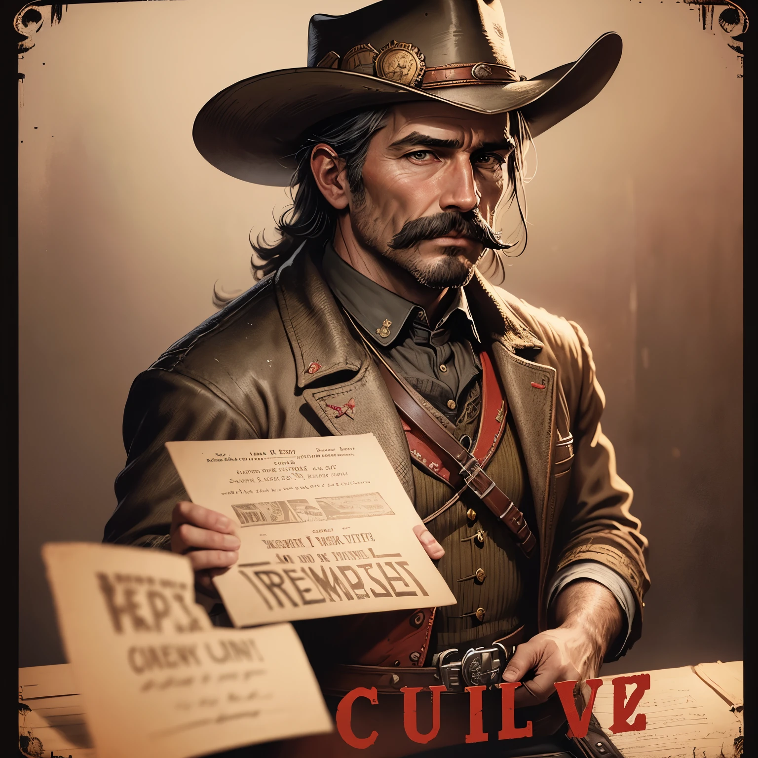 Sheriff Curtis Malloy&#39;s Zigarettenkarte in Red Dead Redemption 2, ausführliches Portrait, Vintage-Illustration, hohe Auflösung, Realistische Farben, komplexe Zeichnung, alte Texturen, leuchtende Farben, dramatische Beleuchtung, Ganzkörperaufnahme, Hut des Staates Nevada, Nichts außer einem Schnurrbart,Steckbrief