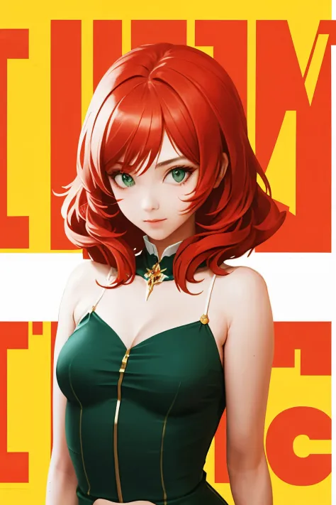 (masterpiece, best quality:1.3), english text, cover, 1girl, upper body, red hair, green dress, looking at viewer,