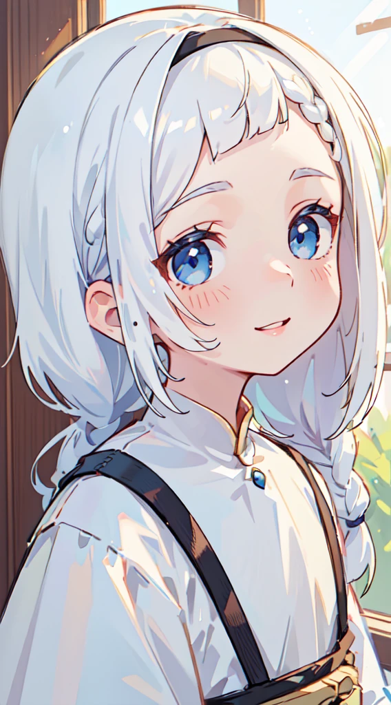 ((thawb)), braid, ((short bangs:1.4)), (white hair), (best quality:1.3), (highres1.3), (clear1.3), (8k:1.3), masterpiece, (detailed:1.1), 1girl, beautiful detailed eyes, beautiful detailed lips, extremely detailed eyes and face, long eyelashes,, blue eyes, shy smile, perfect proportion, face close up,