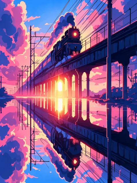 Draw anime lofi scene of sillhouette of a train passing from a bridge above a river, reflection, pink and blue magnificent wide ...