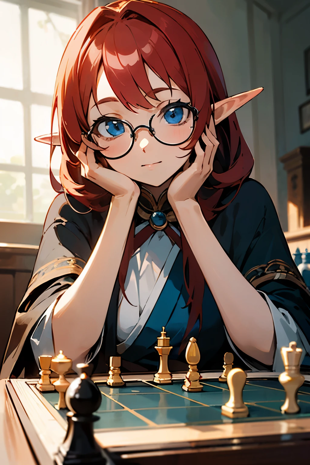 Anime girl with red hair and glasses sitting at a chess board - SeaArt AI